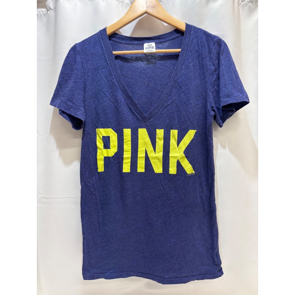 VTG 2012 PINK Victoria's Secret T-Shirt Women L Blue Neon Yellow V-Neck
